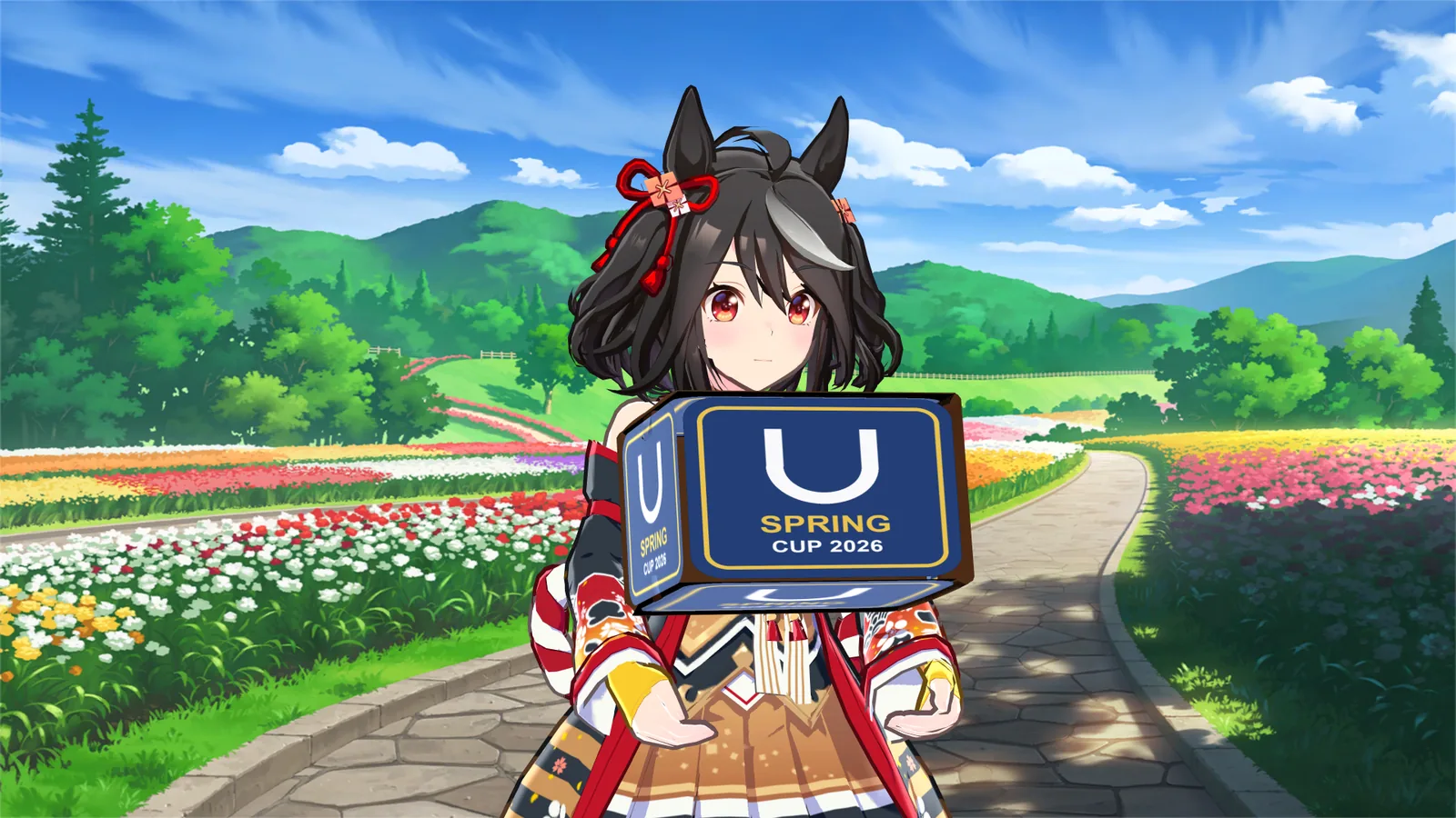 Kitasan Black with the box in front of a flower path background