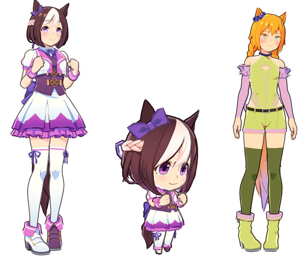 Special Week, her chibi version and a background Uma side by side
