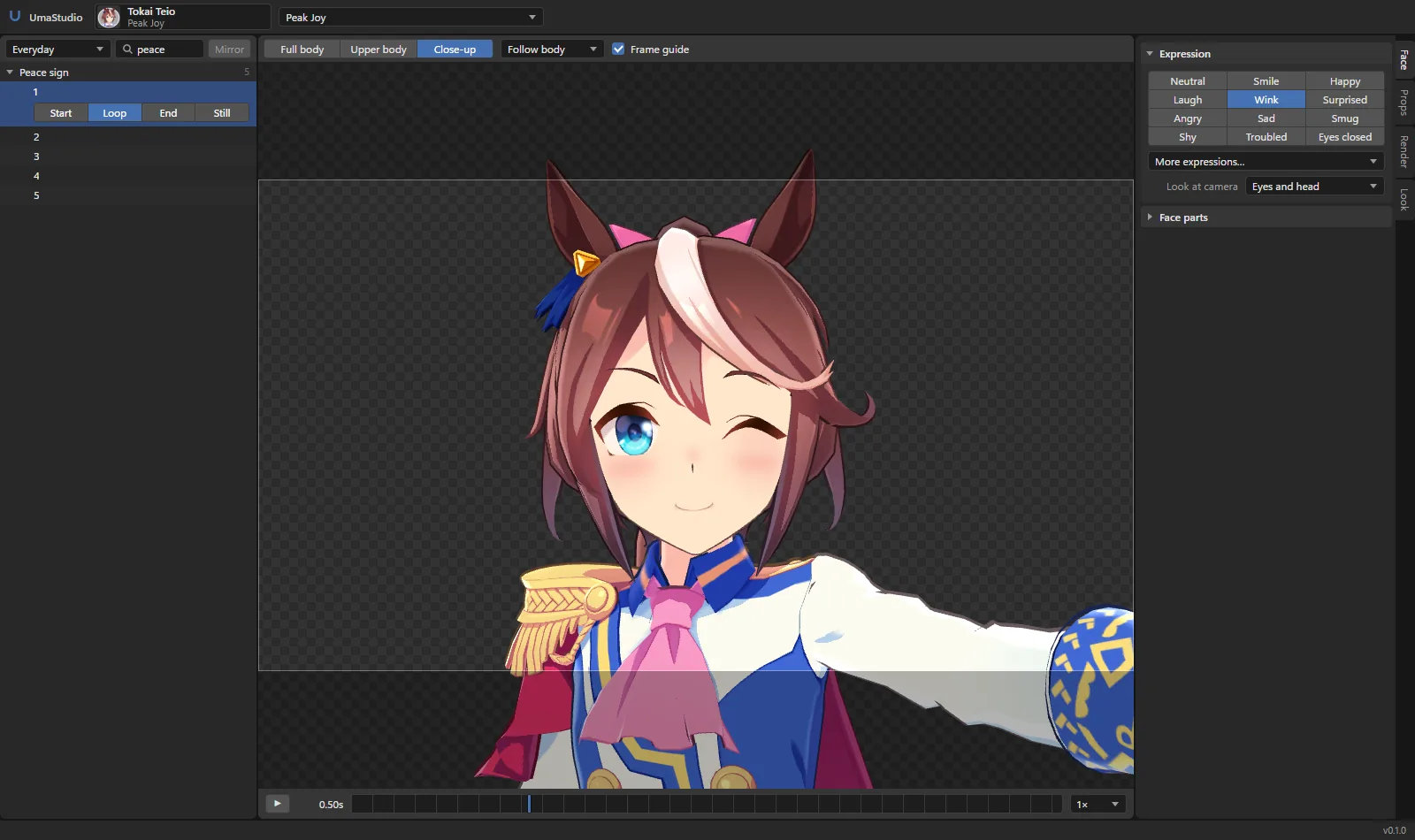 The Face tab with the wink expression