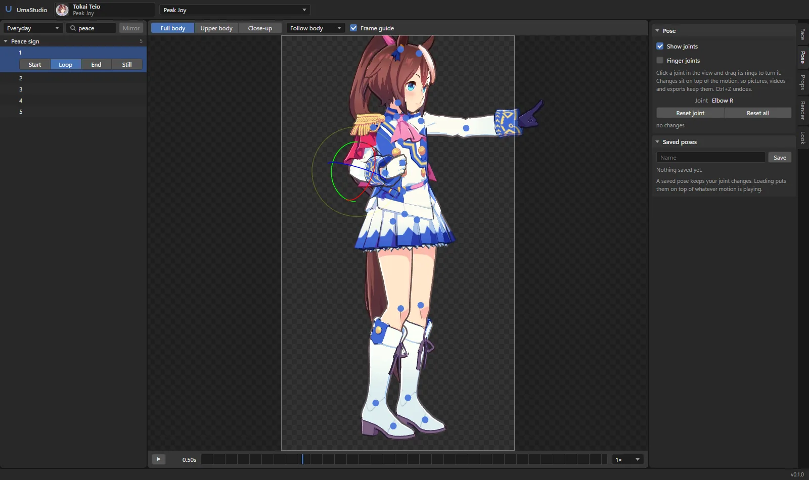 Pose mode with the joints shown and an elbow selected